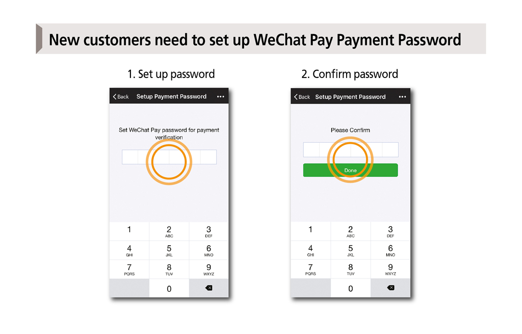 New customers need to set up WeChat Pay Payment Password 1. Set up password 2. Confirm password